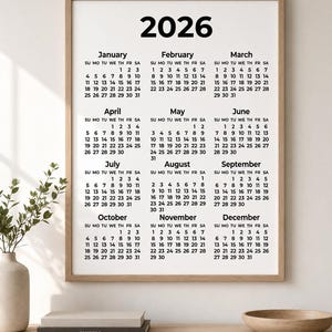 Printable 2026 calendar digital download with a simple year-at-a-glance design showing all 12 months on one easy-to-read page. This instant download includes black and white, coloured, and fantasy-style calendar versions in multiple sizes, ideal for printing at home and using for yearly planning, office organisation, school schedules, goals, holidays, deadlines, and important dates.