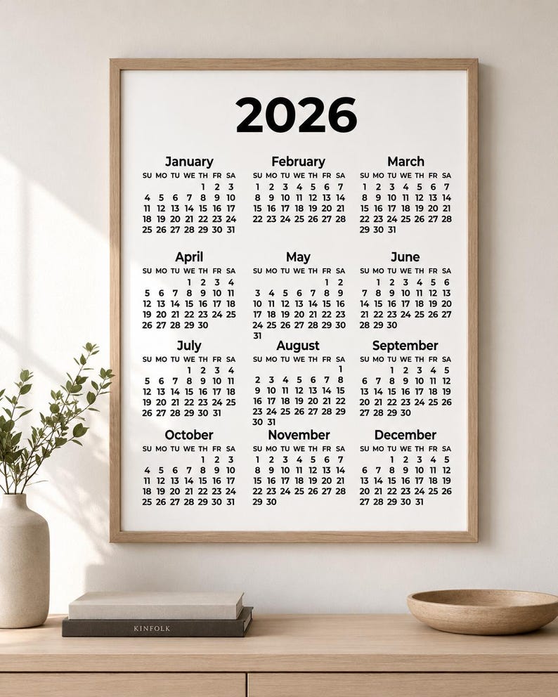 Printable 2026 calendar digital download with a simple year-at-a-glance design showing all 12 months on one easy-to-read page. This instant download includes black and white, coloured, and fantasy-style calendar versions in multiple sizes, ideal for printing at home and using for yearly planning, office organisation, school schedules, goals, holidays, deadlines, and important dates.