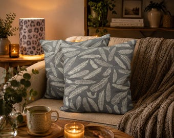 Feather Print Grey Cushion Cover: Hand-Dyed Minimalist Decor