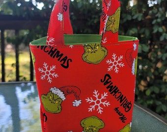 Merry Grinchmas  Christmas Gift Bag, Red Christmas Mini Tote bag,Handmade Reusable Fabric Gift Bag with Handles, Personalized Gift