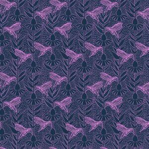 May include: A repeating pattern featuring stylized pink hummingbirds and flowers on a dark blue background. The design includes vertical floral stems with detailed leaves and dotted accents, creating a symmetrical and decorative print.