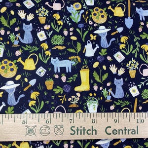 Gardening Cats - Navy, Dear Stella Fabrics. Cat in Garden, Yellow boots