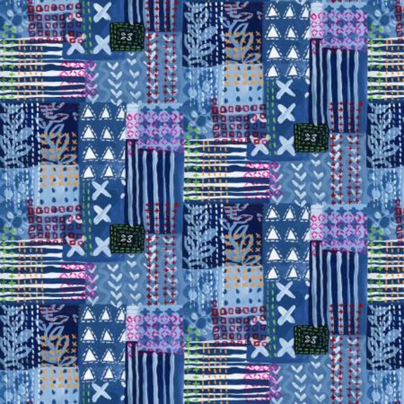 by Dear Stella looks like Kantha Patchwork Multi Fabric Modern Fabric on Navy