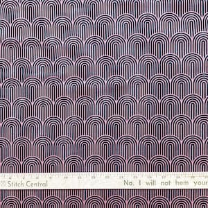 May include: Fabric with a repeating pattern of pink arches on a dark blue background. A ruler with text that reads "Stitch Central" and "No, I will not hem your pants" is at the bottom. The fabric is suitable for sewing projects.