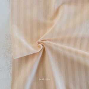 May include: Close-up of a peach-colored fabric with vertical stripes. The fabric is gathered in a swirl, showcasing its texture and drape. The word "FABLEISM" is printed in the bottom right corner. The fabric appears to be cotton or a similar natural fiber.