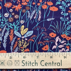 Navy House Mouse Organic, modern floral on navy by Cloud9 fabrics