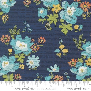 May include: Navy blue floral fabric with a vintage newspaper print background. The design features large turquoise and white flowers, along with smaller orange and yellow blossoms. Green leaves and stems add contrast to the design.