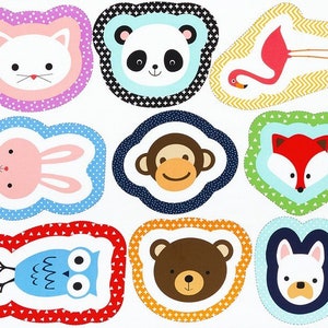 May include: Nine colorful illustrated animal faces, each in a different shaped frame. The animals are a cat, panda, flamingo, bunny, monkey, fox, owl, bear, and dog.