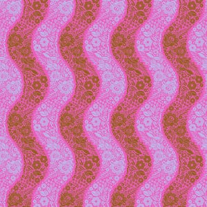 May include: A vibrant, repeating pattern featuring vertical, wavy stripes. The design alternates between solid pink, floral-patterned brown, and floral-patterned light purple stripes. The floral patterns include detailed flowers and leaves, creating a textured visual effect.