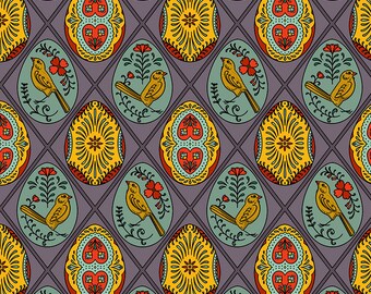 May include: A seamless pattern featuring a repeating design of stylized eggs with intricate floral and geometric patterns in shades of red, yellow, green, and blue. The eggs are set against a gray background and are accented with small birds.