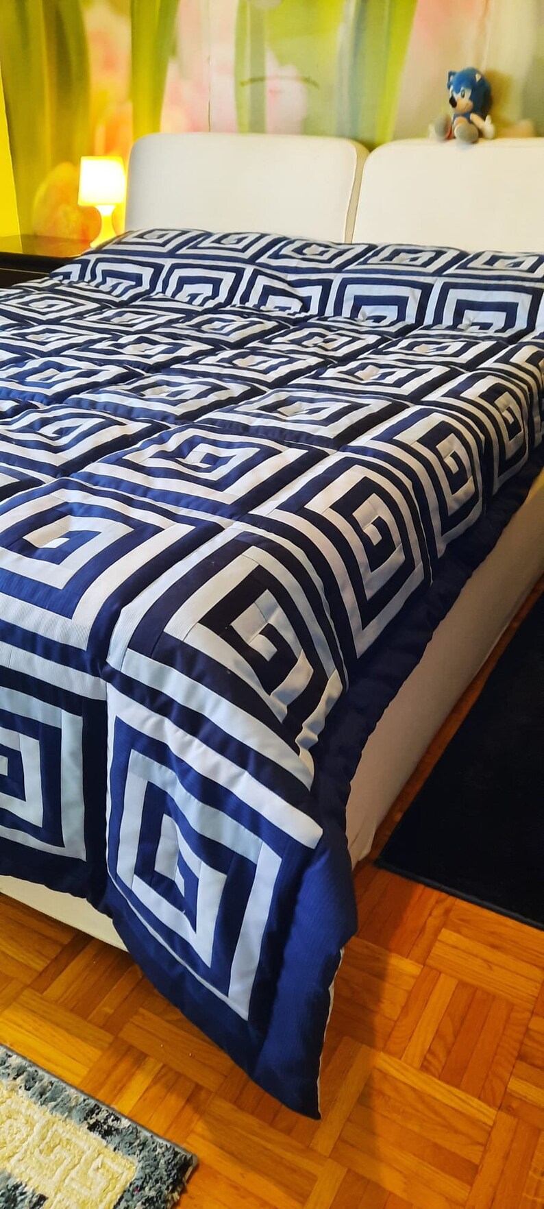 Handmade patchwork cotton, patchwork quilt, boho bohemian vintage, Nordic Reversible throw blanket bedspread, Woven Scandi,knitted bedspread