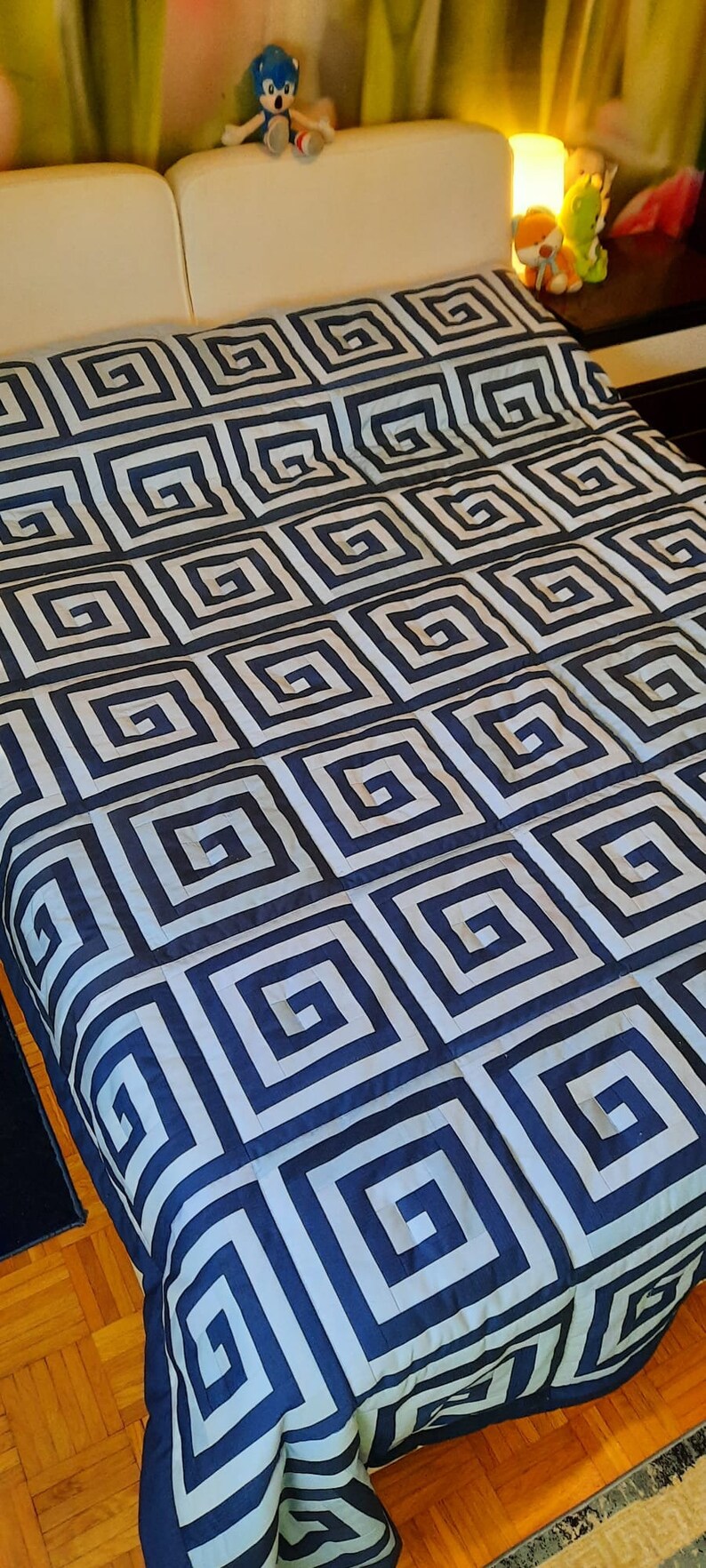 Handmade patchwork cotton, patchwork quilt, boho bohemian vintage, Nordic Reversible throw blanket bedspread, Woven Scandi,knitted bedspread