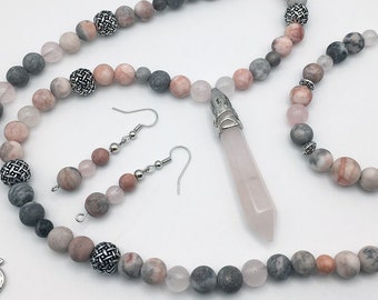 Rose Quartz Set, Pendant, Pink and Gray Zebra Stone, Pink Gray Silver, Necklace Bracelet Earrings, Hand Crafted Beaded Jewelry