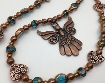 Copper and Aqua Blue Angel Necklace Beaded Pendant Hematite Pewter Religious Inspirational Heart Jewelry