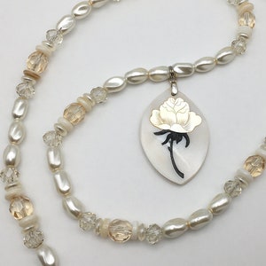 Mother of Pearl and Shell Flower, Glass Pearl, Champagne Czech Beads, Beaded Necklace Pendant Jewelry