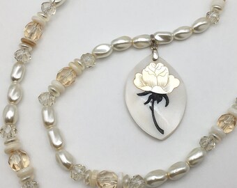 Mother of Pearl and Shell Flower, Glass Pearl, Champagne Czech Beads, Beaded Necklace Pendant Jewelry