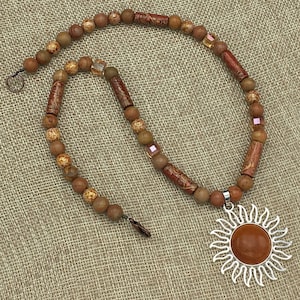 Red Aventurine Sun Stone, Wood Lace, Glass, Czech Copper Luster, Painted Wood Beaded Necklace Jewelry Silver Tone
