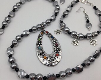 Flower Hematite Set, Necklace Bracelet Earrings, Silver Tone Beaded Pendant Multi Color Craft Hand Made Jewelry