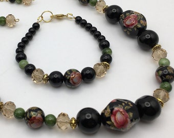 Flowers Roses Tensha Set Necklace Bracelet Earrings Beaded Craft Jewelry Black, Gold, Champagne, Green