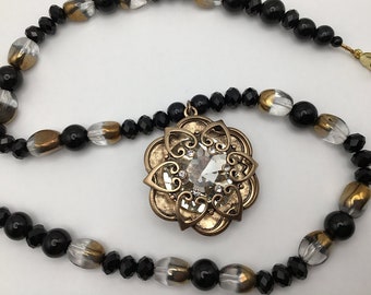 Floral Black Gold Tone, Rhinestone Metal and Glass Beaded Flower Heart Pendant Necklace Hand Crafted Jewelry