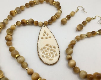 Golden Tiger Eye Set, Bone Filigree Floral Carved Pendant and Gold Tone Beaded Necklace Bracelet Earrings Jewelry