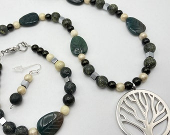 Tree of Life Green Set Serpentine, Moss Agate Leaves, Czech Glass Cream, Silver Hematite Necklace Bracelet Earrings Hand Crafted Jewelry