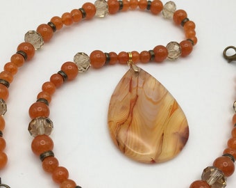 Orange Madagascar Agate Pendant Necklace, Orange Quartzite, Champagne Faceted Glass, Antique Gold Tone Beaded Jewelry