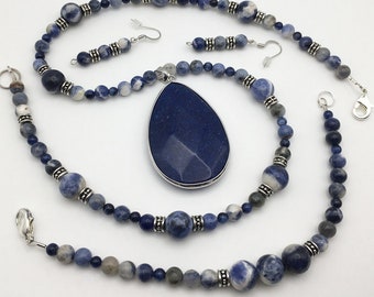 Blue Crystal Stone Set, Pendant Beaded Sodalite Necklace Bracelet Earrings Hand Crafted Silver Tone Jewelry