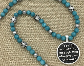 Black Silver Aqua Turquoise Color 'I Can Do Everything' Necklace Pendant Beaded Hand Crafted Silver Tone Religious Jewelry