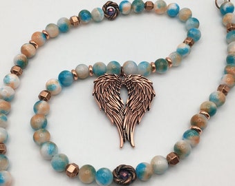 Angel Wings Necklace Antique Copper, Turquoise, Brown and Clear Agate Beads, Czech, Copper Accents, Feather, Heart Religious Jewelry