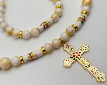 Floral Cross Enamel Set Necklace Bracelet Earrings Yellow White Gold Washed Jade, Ceramic Flower Bead Hand Crafted Gold Tone Faith Jewelry