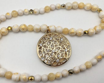 Floral Necklace Rhinestone Pendant Yellow and White Gold Washed Jade, Czech Beads Butter Jade Hand Crafted Gold Tone Jewelry