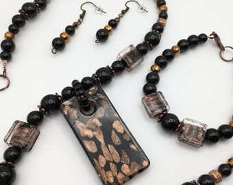 Black and Copper Foil Lampwork Set, Glass Beaded Necklace, Pendant, Bracelet, Earrings, Hand Crafted Lamp Work Beaded Jewelry