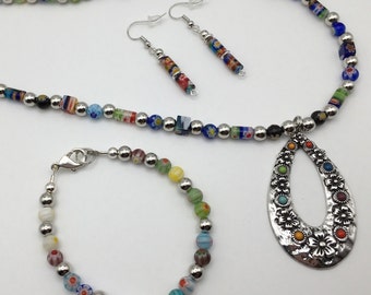 Millefiori Set Floral Necklace Bracelet Earrings, Multicolor Flower Pendant, Beaded Hand Crafted Silver Tone Glass Metal Jewelry