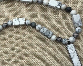 White Howlite Marble Look and Gray Pendant Necklace Beaded Hand Crafted Silver Tone Jewelry