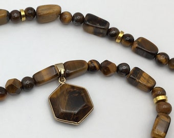 Tiger Eye Pendant and Gold Tone Beaded Necklace Pendant Jewelry