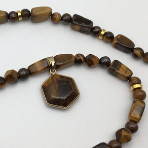 Tiger Eye Pendant and Gold Tone Beaded Necklace Pendant Jewelry