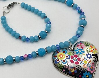 Floral Set Colorful Heart Necklace Bracelet Earrings Love Flower Pendant Aqua Blue Silver Hematite Beaded Hand Crafted Jewelry