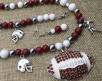 Red White Silver Football Set Jewelry, Rhinestone Pendant, Hematite Beads, Charms Helmet Player, Sports Necklace Bracelet Earrings Jewelry