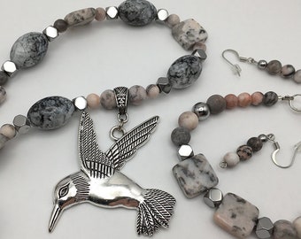 Hummingbird Set, Pink and Gray Zebra Stone, Hematite Necklace, Pendant, Bracelet Earrings, Silver Tone Colors Beaded Jewelry