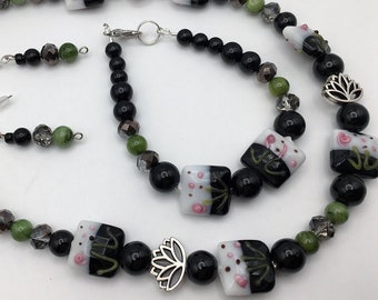 Floral Lampwork Set Lotus Black Green Silver White Pink Necklace Bracelet Earrings, Hand Crafted Beaded Jewelry