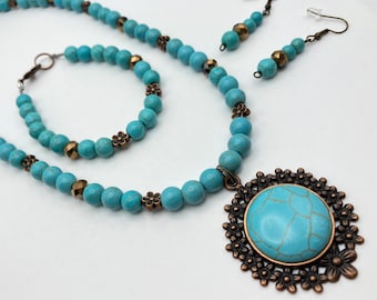 Floral Set Turquoise Howlite Copper Colors Beaded Necklace Bracelet and Earrings, Pendant Jewelry