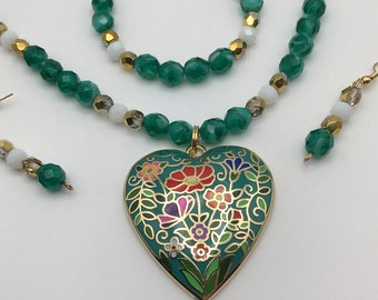 Floral Set Enamel Heart Pendant Necklace, Plus Bracelet, Earrings Czech Gold Crystal, Green White Swirl Beads, Colorful Beaded Craft Jewelry