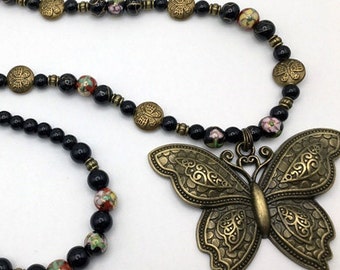 Butterfly Set Necklace, Bracelet, Earrings Antique Gold, Colorful Ceramic Flower Beads Black and Red, Coin Butterfly Beaded Craft Jewelry