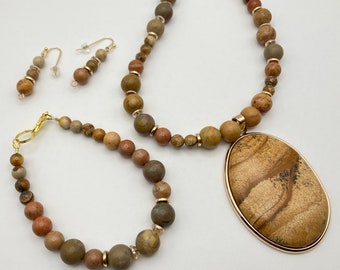 Picture Jasper Set Gemstone, Brown Tan Gold, Pendant Necklace Bracelet Earrings, Wood Lace and Chinese Jasper, Beaded Hand Crafted Jewelry
