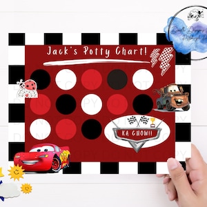 May include: A red and black potty chart with a checkered background. The chart features a red race car, a ladybug, and the text "Jack's Potty Chart!" and "KA CHOW!!".
