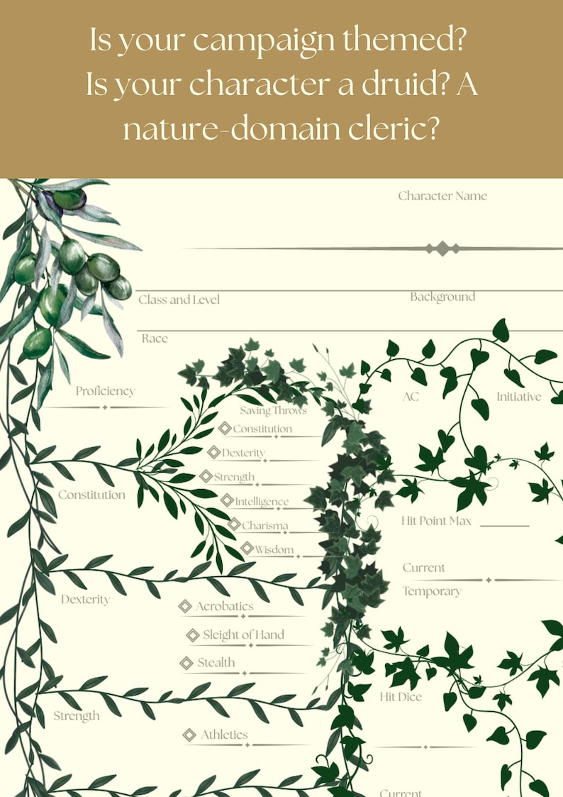 Printable Dnd Character Sheet, Spell Tracker, Nature, Plants, Vines ...