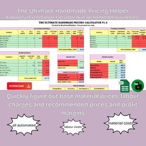 Może przedstawiać: Arkusz kalkulacyjny zatytułowany "The Ultimate Handmade Pricing Helper" z tabelami kosztów materiałów, pracy i marż zysku. Zawiera przycisk pobierania i tekst: "Szybko oblicz ceny materiałów bazowych, koszty pracy i zalecane marże zysku."