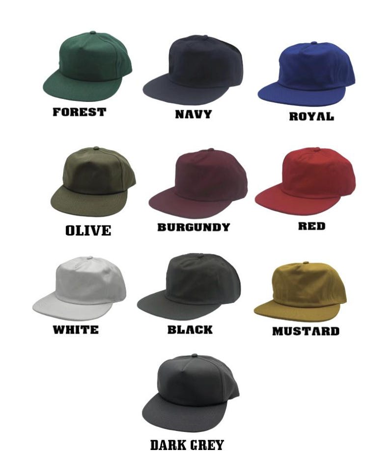 May include: A collection of ten baseball caps in various colors, including forest green, navy, royal blue, olive, burgundy, red, white, black, mustard, and dark grey. Each cap has a flat brim and a structured crown, with the color name displayed below.
