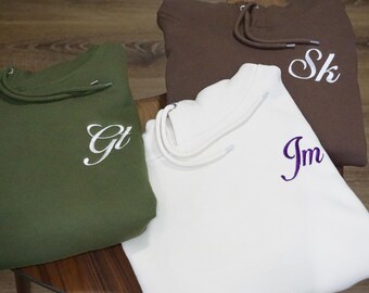 Custom Embroidered Left Chest Hoodie Sweatshirt, Anniversary, Personalized Present Embroidery Sweater Christmas Gift Couples Fancy Cursive